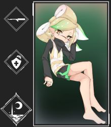 Rule 34 | 1girl, barefoot, black shirt, black shorts, brown eyes, commentary, covered mouth, crossed legs, dolphin shorts, earrings, english text, gameplay mechanics, green hair, grey hair, hand in own hair, highres, inkling, invisible chair, jewelry, looking at viewer, marie (splatoon), medium hair, mole, mole under eye, nintendo, pointy ears, shirt, short shorts, shorts, sitting, solo, splat charger (splatoon), splatoon (series), splatoon 1, squidbeak splatoon, sukeo (nunswa08), swept bangs, tentacle hair, vest, yellow vest