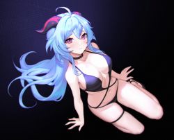 Rule 34 | 1girl, ahoge, bare arms, bare shoulders, bikini, black background, black bikini, black choker, black footwear, blue hair, breasts, choker, closed mouth, frown, ganyu (genshin impact), genshin impact, goat horns, gradient background, halterneck, horns, large breasts, long hair, looking at viewer, low ponytail, navel, purple eyes, shoes, siun, skindentation, solo, stomach, string bikini, swimsuit, thigh strap, thighs, very long hair