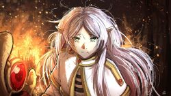 Rule 34 | 1girl, capelet, closed mouth, doom (series), earrings, embers, fire, frieren, green eyes, grey hair, highres, holding, holding staff, jewelry, long hair, looking at viewer, messy hair, ononotsu, pointy ears, shirt, sousou no frieren, staff, striped clothes, striped shirt, upper body, white capelet