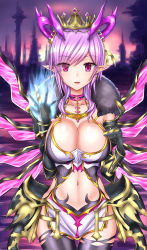 Rule 34 | 1girl, ally (eden154), black gloves, black thighhighs, breasts, bustier, choker, cleavage, cowboy shot, crown, demon horns, elbow gloves, eyes visible through hair, fur collar, gloves, hair over one eye, halterneck, highres, horn ornament, horns, large breasts, light purple hair, looking at viewer, magic, navel, oscurol (shironeko project), oscurol (shironeko project), outdoors, parted lips, pointy ears, purple eyes, revealing clothes, shironeko project, short hair, smile, solo, thighhighs
