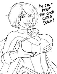 Rule 34 | 2013, breasts, cleavage cutout, clothing cutout, dc comics, english text, grabbing own breast, greyscale, highres, megasweet, monochrome, one eye closed, photoshop (medium), power girl