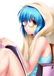 Rule 34 | 1girl, after bathing, bare arms, bare shoulders, blue camisole, blue hair, book, camisole, casual, commentary request, eyelashes, from side, glasses, holding, holding book, knees up, light blush, lips, little busters!, looking at viewer, nishizono mio, open book, parted lips, red-framed eyewear, semi-rimless eyewear, short hair, simple background, sitting, solo, towel, towel on head, wet, wet hair, white background, yellow eyes, zen (kamuro)