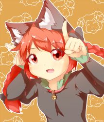 Rule 34 | 1girl, animal ears, bell, black dress, bow, braid, cat ears, dress, fang, hair bow, happy new year, kaenbyou rin, new year, open clothes, psychopath idiot, red eyes, red hair, sheep, smile, solo, touhou, twin braids, upper body