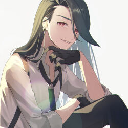 Rule 34 | 1girl, alternate hairstyle, black gloves, black necktie, black pants, bright pupils, collared shirt, commentary request, creatures (company), earrings, game freak, gloves, green hair, hand up, highres, jewelry, long hair, mo. (ntra5332), necktie, nintendo, pants, parted lips, pokemon, pokemon sv, red eyes, rika (pokemon), shirt, smile, solo, suspenders, white background, white pupils