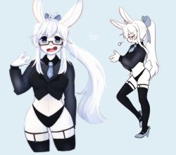 Rule 34 | 1girl, :d, animal ears, blue eyes, bow, colored skin, furry, furry female, glasses, hair bow, high heels, highres, long hair, long sleeves, multiple views, necktie, open mouth, original, ponytail, rabbit ears, rabbit girl, rabbit girl (ressue (gomgom)), rabbit tail, ressue (gomgom), sidelocks, smile, tail, thighhighs, very long hair, white hair, white skin