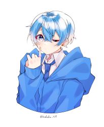Rule 34 | 1boy, blue eyes, blue hair, blue hoodie, blue necktie, closed mouth, collared shirt, colon (stpri), finger to mouth, highres, hodaka sio, hood, hoodie, long sleeves, looking at viewer, male focus, necktie, one eye closed, shirt, short hair, shushing, solo, strawberry prince, white background, white shirt