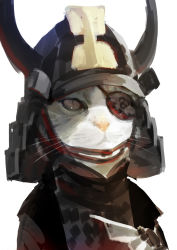 Rule 34 | animal, armor, bad id, bad pixiv id, brown eyes, cat, closed mouth, eyepatch, fur, helmet, japanese armor, no humans, original, colored eyepatch, shaded face, simple background, sketch, slit pupils, solo, victor bang, whiskers, white background, white fur