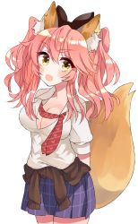Rule 34 | 1girl, animal ear fluff, animal ears, bad id, bad pixiv id, black ribbon, blush, breasts, cha (vcwj3244), cleavage, clothes around waist, fate/extella, fate/extra, fate/grand order, fate (series), fox ears, fox girl, fox tail, hair ribbon, highres, jacket, jacket around waist, large breasts, long hair, looking at viewer, necktie, official alternate costume, open clothes, open mouth, open shirt, pink hair, ribbon, school uniform, shirt, simple background, skirt, solo, tail, tamamo (fate), tamamo no mae (fate/extra), tamamo no mae (jk) (fate), twintails, unbuttoned, white background, yellow eyes