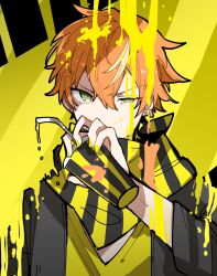 Rule 34 | 1boy, black jacket, blonde hair, cup, green eyes, highres, holding, holding cup, hoshi-toge, jacket, long sleeves, looking at viewer, male focus, multicolored hair, orange hair, project sekai, scarf, shinonome akito, shirt, solo, streaked hair, striped clothes, striped scarf, traffic jam (vocaloid), upper body, yellow nails, yellow shirt