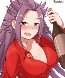 Rule 34 | 1girl, :d, absurdres, blouse, blush, breasts, cleavage, drunk, eyes visible through hair, highres, jun&#039;you (kancolle), kantai collection, kiritto, long hair, open clothes, open mouth, open shirt, purple eyes, purple hair, red shirt, shirt, simple background, smile, solo, spiked hair, white background