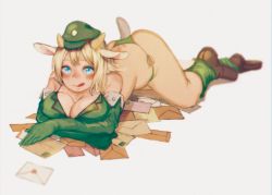 Rule 34 | 1girl, :p, animal ears, bikini, bikini bottom only, blonde hair, blue eyes, blush, breasts, cleavage, elbow gloves, female focus, gloves, goat ears, goat horns, goat tail, green gloves, hantsuki (ichigonichiya), hat, highres, horns, large breasts, letter, lying, on stomach, original, simple background, smile, solo, tongue, tongue out, white background