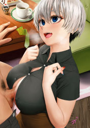Rule 34 | 1boy, 1girl, apron, banned artist, black shirt, blue eyes, blush, breasts, breasts squeezed together, brown apron, collared shirt, condom, erection, grey hair, hetero, jellytits-7, kneeling, large breasts, looking up, male pubic hair, nail polish, open mouth, paizuri, penis, pubic hair, shirt, short hair, short sleeves, smile, teeth, uncensored, used condom, uzaki-chan wa asobitai!, uzaki hana