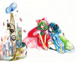 Rule 34 | 2girls, aone, aone/yamase mimu, backpack, bag, ballpoint pen (medium), blue hair, bow, cellphone, clock, colored pencil (medium), female focus, frills, front ponytail, gears, green hair, hair bobbles, hair bow, hair ornament, kagiyama hina, kawashiro nitori, kneeling, multiple girls, no headwear, open mouth, painting (medium), phone, randoseru, ruler, science, short twintails, simple background, sitting, smile, touhou, traditional media, twintails, two side up, watercolor (medium), wrench