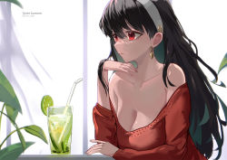 Rule 34 | 1girl, bare shoulders, black hair, breasts, chinese commentary, cleavage, closed mouth, collarbone, commentary request, cup, drinking glass, drinking straw, earrings, elbow rest, english text, expressionless, food, from side, fruit, gold earrings, hair between eyes, hair down, hairband, head rest, highres, ice, ice cube, jewelry, large breasts, leaf, lime (fruit), lime slice, long hair, looking ahead, mixed-language commentary, mumu mago, off-shoulder sweater, off shoulder, parted lips, partial commentary, red eyes, revision, sitting, solo, spy x family, sweater, table, twitter username, upper body, white hairband, yor briar