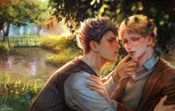 Rule 34 | 2boys, asya (krizless), black hair, blonde hair, blush, bridge, brown jacket, commentary, day, english commentary, eye contact, flower, forest, glasses, grabbing another&#039;s chin, grass, haikyuu!!, hand on another&#039;s chin, highres, imminent kiss, jacket, kuroo tetsurou, long sleeves, looking at another, male focus, multiple boys, nature, outdoors, parted lips, picnic, plant, river, shirt, short hair, smile, tree, tsukishima kei, vest, water, white shirt, wood, wooden bridge, yaoi