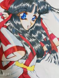 Rule 34 | 1990s (style), 1girl, ainu clothes, arms up, artist name, black hair, blue eyes, breasts, fingerless gloves, gloves, hair ribbon, highres, long hair, looking at viewer, medium breasts, nakoruru, open mouth, retro artstyle, ribbon, samurai spirits, smile, snk, solo, the king of fighters, traditional media