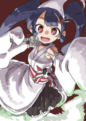 Rule 34 | 1girl, :d, absurdres, black eyes, black hair, brown background, fang, hat, heart, heart-shaped pupils, highres, japanese clothes, kimono, long hair, looking at viewer, microphone, open mouth, simple background, sleeves past wrists, smile, solo, symbol-shaped pupils, twintails, yamamoto souichirou