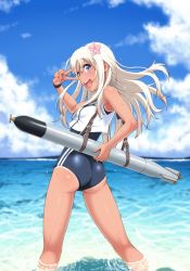 Rule 34 | 10s, 1girl, :d, ass, beach, blue eyes, cameltoe, cloud, competition school swimsuit, day, double vertical stripe, flower, hair flower, hair ornament, jpeg artifacts, kantai collection, long hair, looking at viewer, md5 mismatch, nigou, ocean, open mouth, ro-500 (kancolle), sailor collar, school swimsuit, sky, smile, solo, swimsuit, swimsuit under clothes, tan, tanline, torpedo, v, v over eye, wading, water, wet, white hair