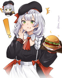 Rule 34 | !, 1girl, :o, ^^^, absurdres, apron, ascot, beret, black headwear, black shirt, blush, braid, burger, chibi, commentary request, food, genshin impact, green eyes, grey hair, hands up, hat, highres, holding, holding tray, meme, multiple views, noelle (genshin impact), noelle (kfc) (genshin impact), parted lips, pinepin, red ascot, shirt, short hair, simple background, tray, upper body, white apron, white background