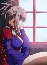 Rule 34 | 1girl, absurdres, arm between legs, asymmetrical hair, bare shoulders, blue eyes, blue kimono, breasts, cleavage, clothing cutout, commentary request, crossed legs, crying, crying with eyes open, detached sleeves, earrings, fate/grand order, fate (series), frills, from side, hair ornament, hand on own cheek, hand on own face, highres, japanese clothes, jewelry, kakitama, kimono, large breasts, leaf print, looking down, magatama, miyamoto musashi (fate), miyamoto musashi (third ascension) (fate), navel cutout, necklace, obi, pink hair, ponytail, sad, sash, short kimono, sitting, solo, tears, thighs, wide sleeves, window