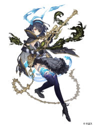 Rule 34 | 1girl, absurdres, alice (sinoalice), blue hair, bustier, chain, cloak, elbow gloves, eyepatch, frilled skirt, frills, full body, gloves, gold trim, gun, heart, heart-shaped eyewear, high collar, high heels, highres, ji no, looking at viewer, official art, red eyes, rifle, sinoalice, skirt, solo, tattoo, weapon, white background