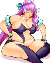 Rule 34 | 1girl, arm strap, black leotard, black thighhighs, blue hair, breasts, center opening, cleavage, commission, detached collar, fat, hair bun, hand on own hip, hand on own thigh, large breasts, leotard, long hair, macross, macross delta, mikumo guynemer, navel, nervous, pewbutt, pink eyes, purple hair, single hair bun, sitting, solo, thighhighs, very long hair, white background