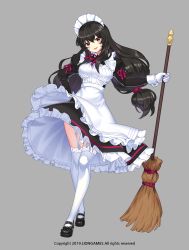 Rule 34 | 1girl, :d, apron, black bow, black dress, black footwear, blush, bow, broom, dress, frilled apron, frilled dress, frills, full body, garter straps, gloves, grey background, hair between eyes, head tilt, highres, holding, holding broom, juliet sleeves, lace, lace-trimmed legwear, lace trim, lily bloomerchen, lim jaejin, long hair, long sleeves, low-tied long hair, low twintails, maid, maid apron, maid headdress, mary janes, open mouth, puffy sleeves, red eyes, red ribbon, ribbon, shoes, simple background, sleeves past wrists, smile, solo, soulworker, standing, thighhighs, twintails, very long hair, watermark, white apron, white gloves, white thighhighs
