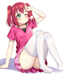 Rule 34 | 10s, 1girl, arm support, arm up, ass, blush, bra strap, breath, closed mouth, green eyes, hand on forehead, highres, kurosawa ruby, looking up, love live!, love live! school idol festival, love live! sunshine!!, mizukoshi (marumi), no panties, no shoes, pink shirt, pink skirt, pouty lips, red hair, shirt, short hair, short sleeves, simple background, sitting, skirt, solo, sweat, thighhighs, two side up, upskirt, white background, white thighhighs
