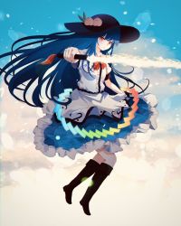Rule 34 | 1girl, apron, black footwear, black hat, blouse, blue hair, blue skirt, boots, bow, bowtie, brown footwear, buttons, commentary request, frills, full body, hat, highres, hinanawi tenshi, holding, holding sword, holding weapon, long hair, peach hat ornament, puffy short sleeves, puffy sleeves, rainbow order, red eyes, rinmaru0213, shirt, short sleeves, skirt, solo, sword, sword of hisou, touhou, weapon, white shirt