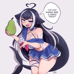 Rule 34 | 1girl, ahoge, black hair, blue eyes, body markings, breasts, cetacean tail, cleavage, english text, facial mark, fins, fish tail, food, fruit, heart, heart ahoge, highres, holding, holding food, holding fruit, indie virtual youtuber, large breasts, multicolored hair, off shoulder, orca girl, pear, ryou sakai, shylily, skindentation, skirt, solo, speech bubble, tail, thigh strap, two-tone hair, virtual youtuber, white hair