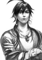 Rule 34 | 1boy, ahoge, crossed arms, earrings, greyscale, hoop earrings, jewelry, long hair, magatsumagic, magi the labyrinth of magic, male focus, manly, monochrome, necklace, realistic, sinbad (magi), solo