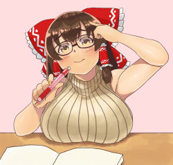Rule 34 | 1girl, bespectacled, black-framed eyewear, bow, grabbing another&#039;s breast, breasts, brown eyes, brown hair, brown sweater, closed mouth, commentary request, cookie (touhou), cowboy shot, frilled bow, frilled hair tubes, frills, glasses, grabbing, hair bow, hair tubes, hakurei reimu, holding, holding pencil, kanna (cookie), large breasts, long hair, looking down, mechanical pencil, mo-fu, pencil, red bow, shiny skin, sidelocks, sleeveless, sleeveless sweater, sleeveless turtleneck, solo, sweater, touhou, turtleneck
