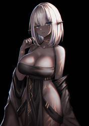 Rule 34 | 1girl, bad id, bad pixiv id, bare shoulders, black background, black dress, black nails, blue eyes, blue gemstone, body markings, breasts, cleavage, collarbone, commentary request, cowboy shot, dark-skinned female, dark elf, dark skin, detached sleeves, dress, dungeons &amp; dragons, earrings, elf, facial mark, gem, hand up, jewelry, large breasts, looking at viewer, multicolored hair, nail polish, necklace, original, parted lips, pelvic curtain, pointy ears, short hair, sidelocks, smile, solo, streaked hair, tan, white hair, yurichtofen