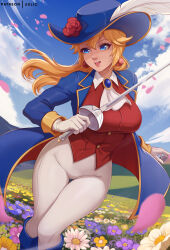 Rule 34 | 1girl, aristocratic clothes, ascot, blonde hair, blue eyes, blue sky, breasts, exlic, field, flower, flower field, gloves, hat, hat feather, hat flower, highres, holding, holding sword, holding weapon, large breasts, mario (series), nintendo, pants, petals, princess peach, princess peach: showtime!, rapier, sky, smile, solo, sword, swordfighter peach, tight clothes, tight pants, weapon, white ascot, white gloves, white pants