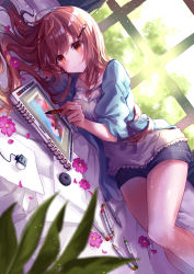 Rule 34 | 1girl, bed sheet, blue jacket, blue shorts, blush, breasts, brown eyes, brown hair, closed mouth, collarbone, commentary request, day, drawing tablet, flower, frilled shirt, frills, hair between eyes, hair ornament, highres, holding, jacket, kisaragi yuri, long hair, lying, medium breasts, on side, open clothes, open jacket, original, paper, pencil, puffy short sleeves, puffy sleeves, purple flower, shirt, short shorts, short sleeves, shorts, smile, solo, sunlight, very long hair, white shirt, window
