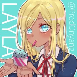 Rule 34 | 1girl, aqua background, aqua eyes, blazer, blonde hair, blue jacket, blush, character name, commentary request, dark-skinned female, dark skin, food, ice cream, idolmaster, idolmaster cinderella girls, jacket, layla (idolmaster), looking at viewer, lowres, mint chocolate, mouth hold, neck ribbon, onyang, outline, parted bangs, partial commentary, red ribbon, ribbon, simple background, solo, straight hair, twitter username, upper body, white outline