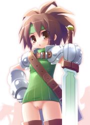 Rule 34 | 1girl, :o, armor, belt, blush, bottomless, brown eyes, brown hair, character request, cleft of venus, copyright request, fat mons, female focus, gauntlets, haga yui, headband, looking at viewer, matching hair/eyes, no panties, open mouth, pauldrons, ponytail, pussy, ribbed sweater, shoulder armor, sleeveless, sleeveless turtleneck, solo, sweater, sword, thigh gap, turtleneck, uncensored, weapon