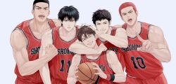 Rule 34 | 5boys, akagi takenori, ball, bare shoulders, basketball, basketball (object), basketball jersey, basketball uniform, black hair, black wristband, brown eyes, brown hair, clenched hand, collarbone, commentary request, earrings, expressionless, grey eyes, grin, hair between eyes, hand on another&#039;s head, hand on another&#039;s shoulder, hand up, head tilt, highres, holding, holding ball, index finger raised, jewelry, looking at viewer, male focus, mitsui hisashi, miyagi ryouta, multiple boys, one eye closed, open mouth, parted lips, red hair, red shirt, red shorts, red wristband, rukawa kaede, sakuragi hanamichi, shirt, short hair, shorts, simple background, slam dunk (series), sleeveless, sleeveless shirt, smile, sportswear, standing, stud earrings, sweat, teeth, tongue, twoframe, undercut, upper teeth only, v-shaped eyebrows, white background, wristband