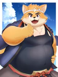 Rule 34 | 1boy, black shirt, daiwahouse0105, dog boy, fangs, furry, furry male, hand on own hip, headband, highres, looking at viewer, male focus, musashi (tamacolle), open mouth, pointing, pointing at self, shiba inu, shirt, sky, smile, solo, tamacolle, thick eyebrows, thumbs up, twitter username