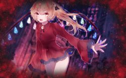 Rule 34 | 1girl, abstract background, alternate costume, arm behind back, arm up, bad id, bad pixiv id, blonde hair, blurry, blurry background, brooch, commentary request, contrapposto, cowboy shot, fang, flandre scarlet, hair ornament, hamuyama (3sunus), jewelry, long sleeves, looking at viewer, nail polish, no headwear, no pants, open mouth, partial commentary, red eyes, red nails, red shirt, shirt, side ponytail, skin fang, solo, splatter, standing, thigh gap, touhou, wings