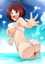 Rule 34 | 1girl, antenna hair, ass, bare shoulders, bikini, blush, breasts, brown hair, butt crack, from behind, fukui sora, hidaka ai, idolmaster, idolmaster dearly stars, large breasts, looking at viewer, open mouth, purple eyes, shiny skin, short hair, smile, solo, swimsuit