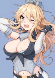 Rule 34 | 1girl, black gloves, blonde hair, blue background, breasts, cleavage, clothes writing, front-tie top, gloves, grey eyes, hair between eyes, iowa (kancolle), kantai collection, large breasts, long hair, mitsuyo (mituyo324), navel, one eye closed, open mouth, simple background, skirt, smile, solo, upper body