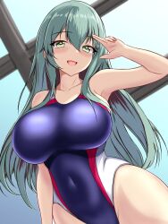 Rule 34 | 1girl, armpits, blush, breasts, collarbone, competition swimsuit, covered navel, hair between eyes, highres, kantai collection, large breasts, long hair, looking at viewer, montemasa, one-piece swimsuit, open mouth, rei no pool, salute, sidelocks, solo, suzuya (kancolle), swimsuit, two-finger salute