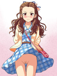 Rule 34 | 1girl, arms behind back, bag, blue dress, blue ribbon, blush, brown hair, cardigan, carrying, cleft of venus, collared dress, commentary request, commission, cowboy shot, dress, female pubic hair, forehead, frown, gluteal fold, hair ribbon, handbag, idolmaster, idolmaster cinderella girls, jewelry, lielos, long hair, looking at viewer, necklace, no panties, open mouth, partial commentary, pixiv commission, plaid, plaid dress, pubic hair, pussy, red eyes, ribbon, seki hiromi, short dress, solo, standing, star (symbol), star necklace, sweatdrop, tearing up, thigh gap, uncensored, wavy hair, white cardigan, wind, wind lift