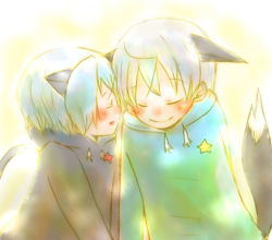 Rule 34 | 00s, 2girls, androgynous, animal ears, aqua sweater, black sweater, blue hair, blush, cat ears, cat tail, closed eyes, closed mouth, drawstring, eila ilmatar juutilainen, eilanya, heart, hood, hood down, hooded sweater, long sleeves, multiple girls, muro, profile, sanya v. litvyak, short hair, simple background, smile, strike witches, sweater, tail, upper body, world witches series, yellow background