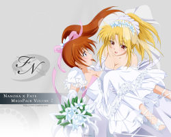 Rule 34 | 00s, 2girls, blonde hair, blush, bouquet, breasts, bride, brown hair, carrying, cleavage, dress, elbow gloves, fate testarossa, flower, gloves, highres, long hair, lyrical nanoha, mahou shoujo lyrical nanoha, mahou shoujo lyrical nanoha a&#039;s, mahou shoujo lyrical nanoha strikers, multiple girls, open mouth, ponytail, princess carry, purple eyes, red eyes, side ponytail, smile, solwyvern, takamachi nanoha, wedding, wedding dress, wife and wife, yuri
