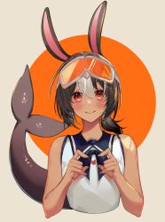 Rule 34 | animal ears, blush, fins, fish tail, goggles, goggles on head, highres, multicolored hair, neck ribbon, non-web source, ponytail, rabbit ears, ribbon, shark tail, sharkabbit, tail, two-tone hair, virtual youtuber