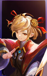 Rule 34 | 1girl, absurdres, agwing86, blonde hair, closed mouth, dark background, djeeta (granblue fantasy), granblue fantasy, hair ornament, hair ribbon, highres, jewelry, red eyes, red ribbon, ribbon, runeslayer (granblue fantasy), short hair, simple background, solo, wide sleeves