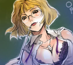 Rule 34 | 1girl, bad id, bad pixiv id, bare shoulders, blonde hair, blunt bangs, blush, bra, breasts, brown eyes, chalkboard, cleavage, collared shirt, dutch angle, funaya sakichi, glasses, jewelry, lace, lace-trimmed bra, lace trim, large breasts, lingerie, lipstick, looking at viewer, makeup, mature female, mole, mole under mouth, neck ribbon, necklace, open clothes, open shirt, original, outline, pointer, purple bra, red lips, ribbon, rimless eyewear, shirt, short hair, sketch, sleeveless, sleeveless shirt, smile, solo, teacher, unbuttoned, underwear, untied, upper body, venus symbol, white shirt