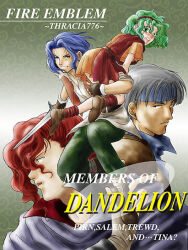 Rule 34 | 1girl, 3boys, blue hair, carrying, carrying over shoulder, carrying person, character name, copyright name, dress, fire emblem, fire emblem: thracia 776, green eyes, green hair, holding, holding sword, holding weapon, looking back, multiple boys, nintendo, open mouth, orange dress, orange vest, perne (fire emblem), salem (fire emblem), sword, tina (fire emblem), troude (fire emblem), usachu now, vest, weapon